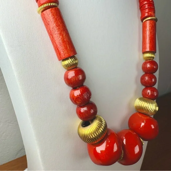 Bold Red Wood & Gold Statement Necklace – Chunky Beads, Boho Vintage Style - Picture 2 of 5